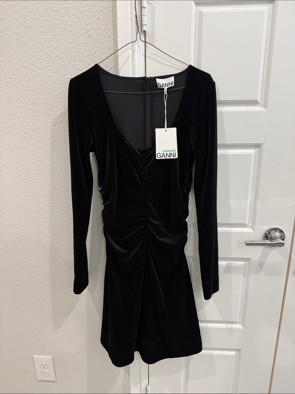 Ganni Black Velvet Long-Sleeve V-Neck Ruched Dress
